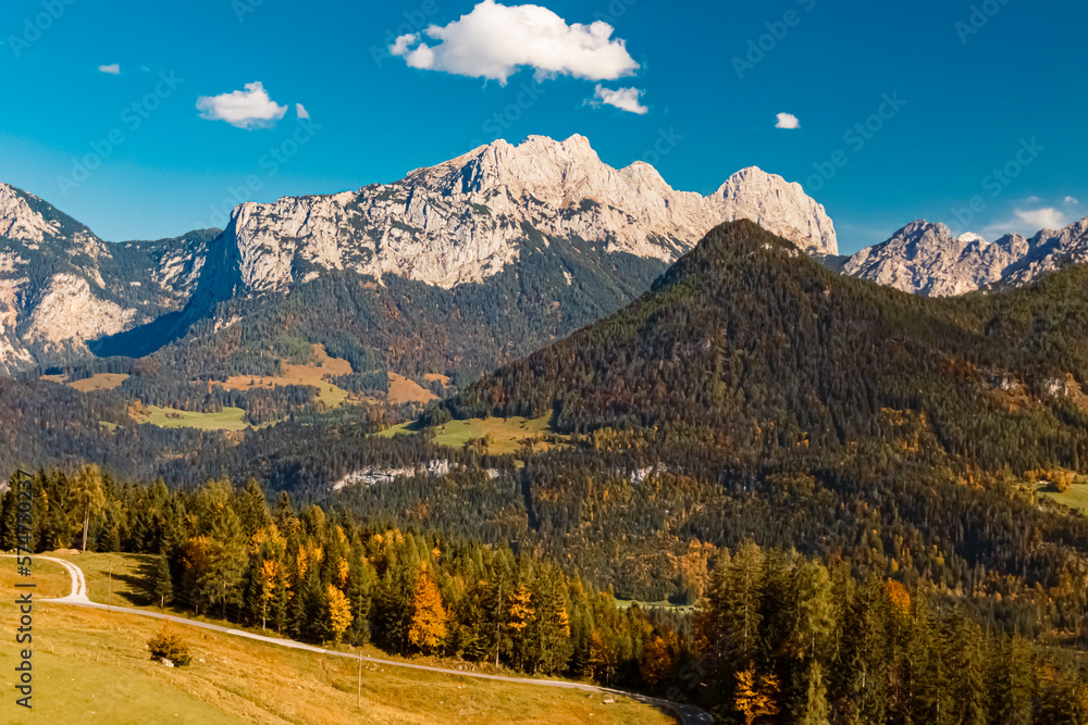 Beautiful alpine autumn or indian summer landscape view at the famous Loferer Alm, Lofer, Salzburg, Austria