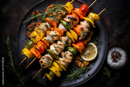 shish kebab on skewers, shish kebab on the grill, Chicken skewers with slices of sweet peppers and dill, generative AI