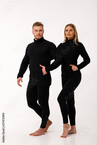 Sports family, husband and wife in thermal clothes.