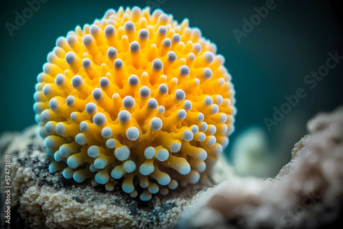 illustration of a yellow sea anemone on a coral reef in the deep ocean, created with generative ai photo