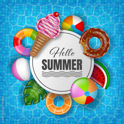 Summer poster with colorful inflatables on pool water background