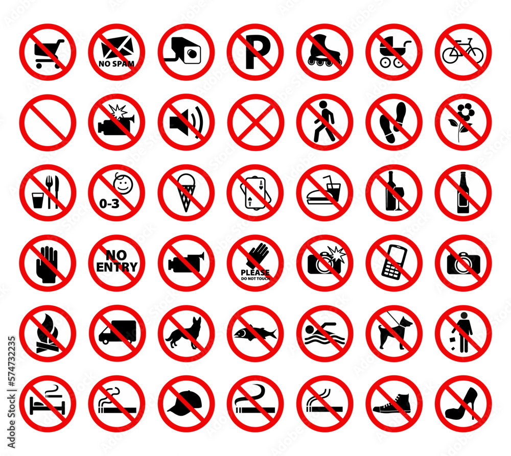Prohibition Signs Collection Flat Vector isolated on white background Prohibition Signs Collection Flat Vector isolated on white background