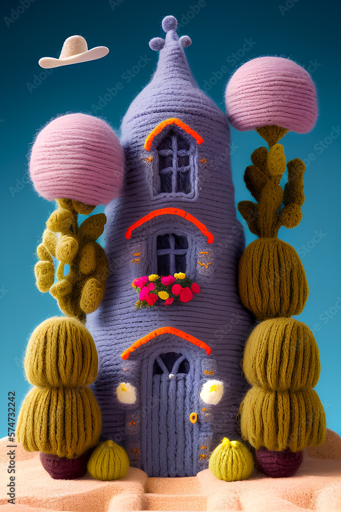 Generative AI. Cute and colorful miniature fantasy house design with desert flowers and plants made of wool. Kids cartoon western animation film style