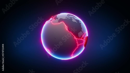 Rotating earth in 3d with tectonic plate boundaries glowing in bright red