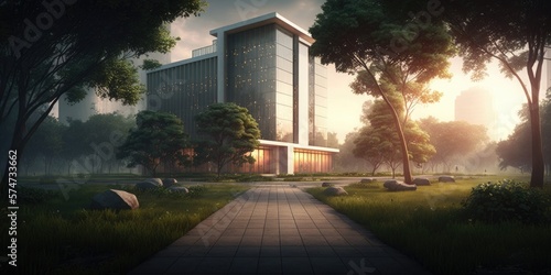 Modern office building in the park. Generative ai.