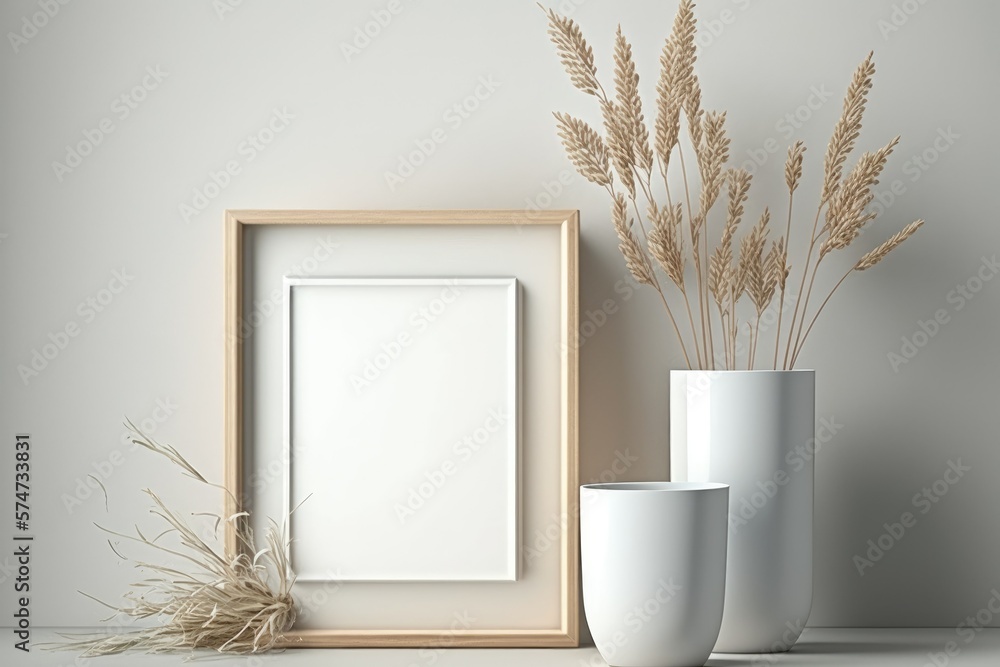 Art, print, and photo mockups in stylish frames. Blank wooden frames on white wall with chairs and ceramic vase with dry plants. Generative AI