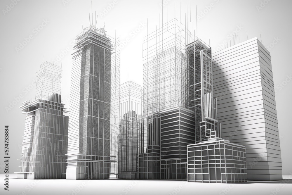 Silhouettes of business skyscrapers on a white background, construction. Generative ai.