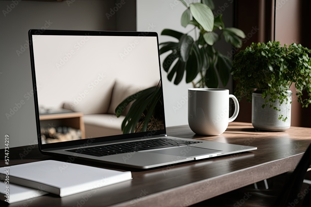 Mockup of a laptop computer with a blank screen on a modern home's wooden counter table. Generative AI Mockup of a laptop computer with a blank screen on a modern home's wooden counter table. Generative AI