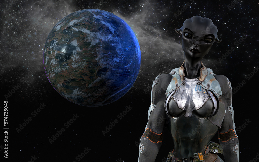 Illustration of a female alien with large black eyes and black skin in the foreground with a blue planet amongst a star cluster in the background.