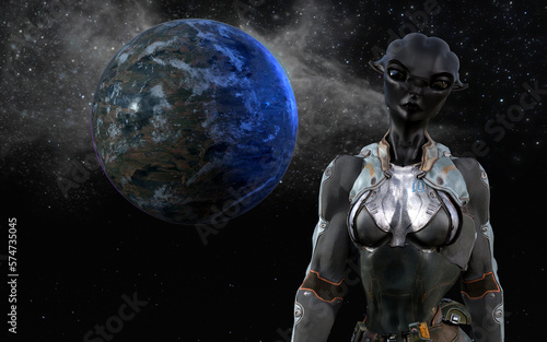 Illustration of a female alien with large black eyes and black skin in the foreground with a blue planet amongst a star cluster in the background. © Bert Folsom