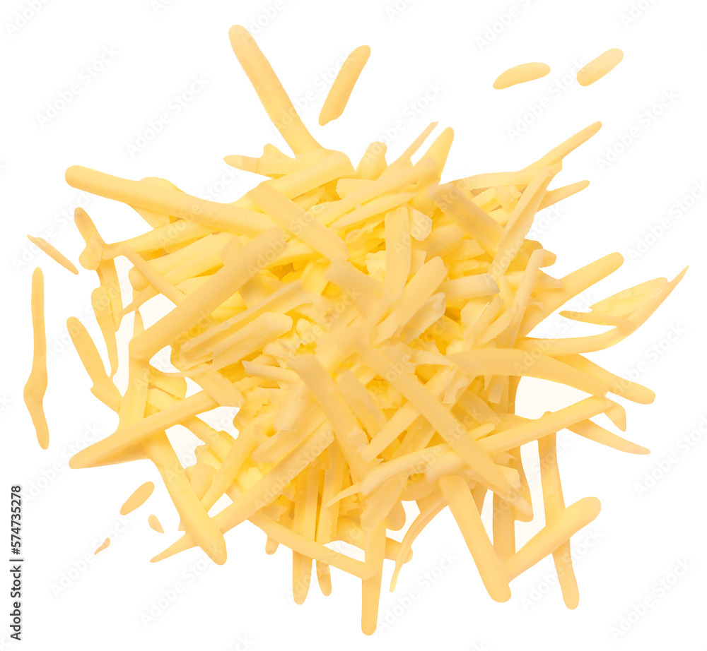 Grated cheese isolated on white background. Gouda cheese Top view. Flat lay. Grated cheese isolated on white background. Gouda cheese Top view. Flat lay.