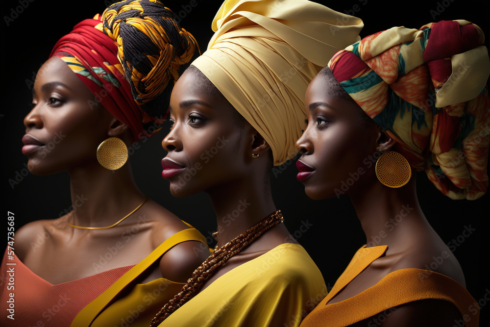 Trio of African women in ethnic dress. Generative AI - obrazy, fototapety, plakaty 