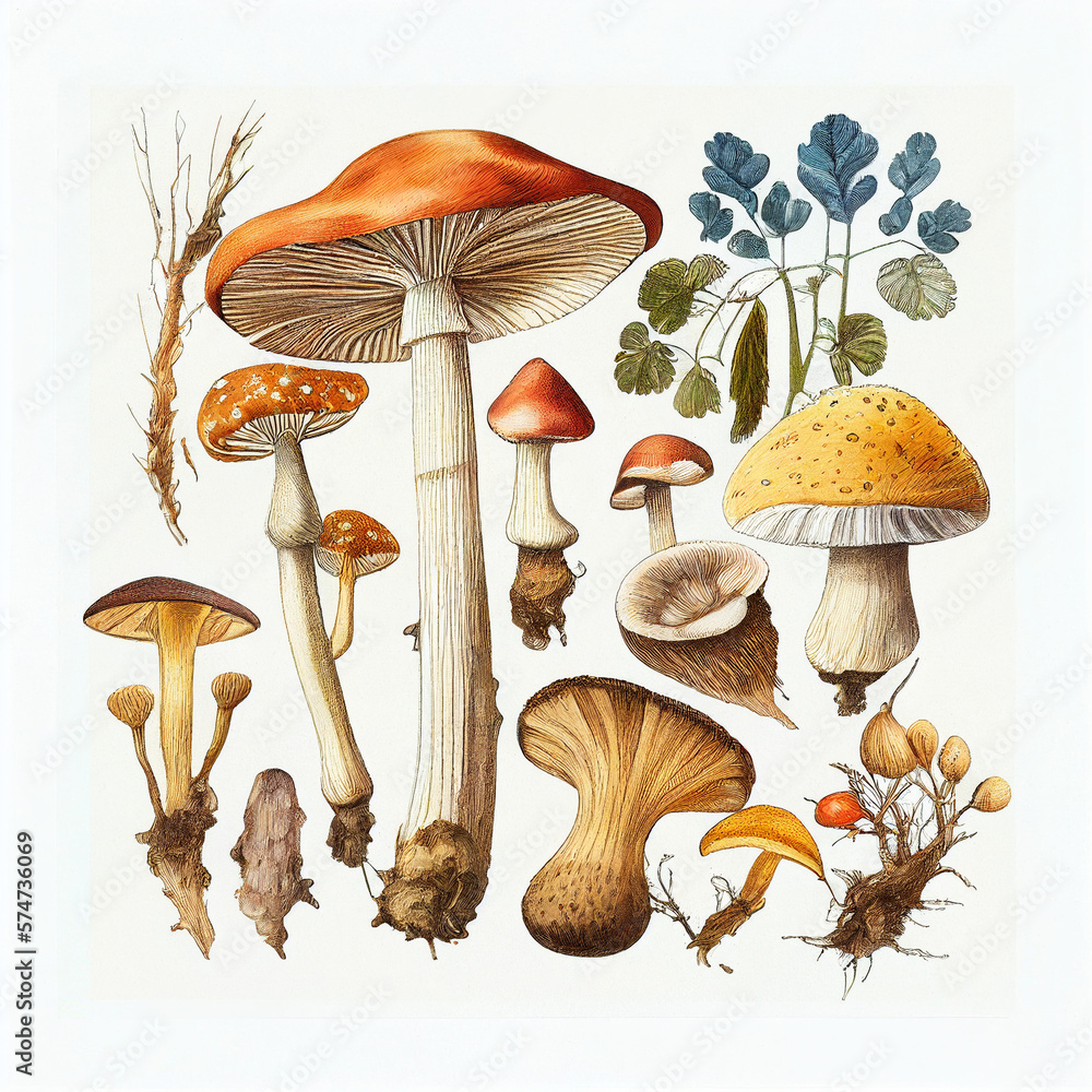 Different types of mushrooms, botanical illustration on white