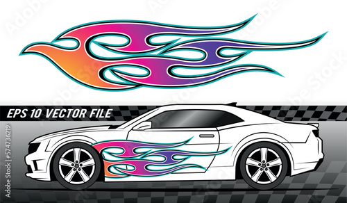 Fire flames racing car decal vector art graphic. Burning tire and flame sports car body side vinyl decal. Side speed decoration for cars, auto, truck, boat, suv, motorcycle.