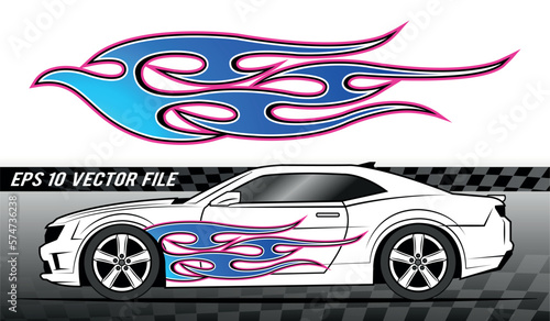 Fire flames racing electric car decal vector art graphic. Burning tire and flame sports car body side vinyl decal.