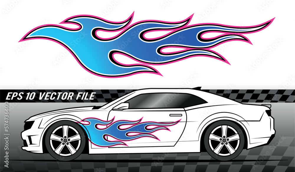 Fototapeta premium Burning tires and blue flame electric sports car decal vinyl sticker. Racing car speed fire flames vector art graphic.