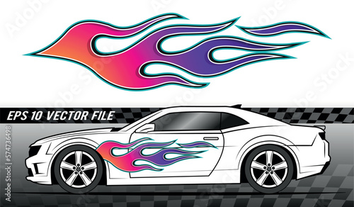 Tribal fire flame race car body side vinyl sticker vector eps art image file. Burning tires and flames sport car decal. Side speed decoration for cars, auto, truck, boat, suv, motorcycle.