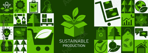Sustainable and Ecology product and marketing vector illustration. Green idea with associated icons for shipping and delivery, sustainable procurement or purchasing, and eco-friendly online shopping.
