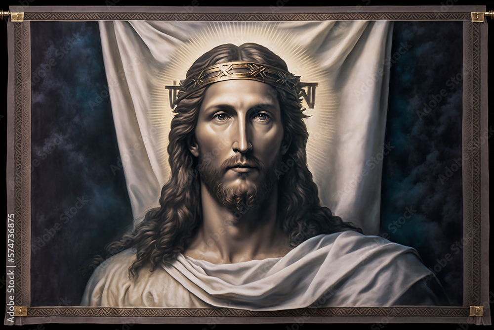 Jesus Christ with crown of thorns front view on black background. Face