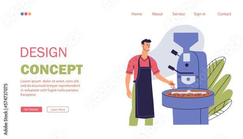 Website landing page about coffee production. A man roasts coffee beans in a roaster. Flat style isolated on white background. Vector illustration.