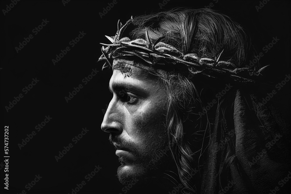 Jesus Christ with the crown of thorns, in profile on a black 