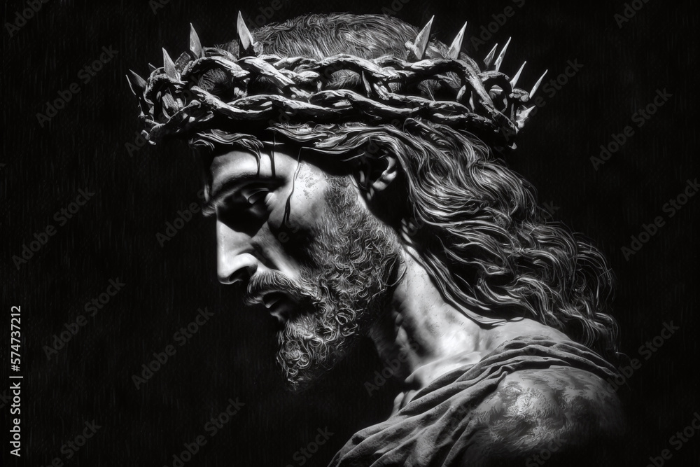 Jesus Christ with the crown of thorns, in profile on a black background. Face of Jesus suffering Holy Week Stations of the Cross Generative AI