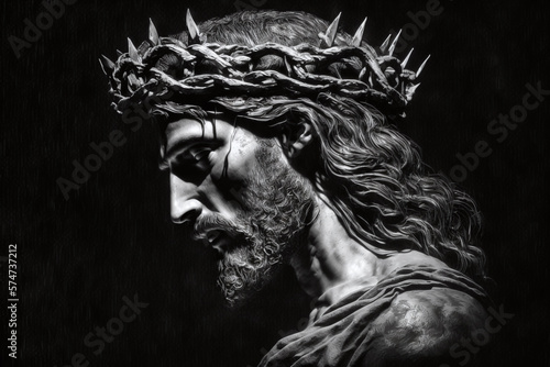 Jesus Christ with the crown of thorns, in profile on a black background. Face of Jesus suffering Holy Week Stations of the Cross Generative AI