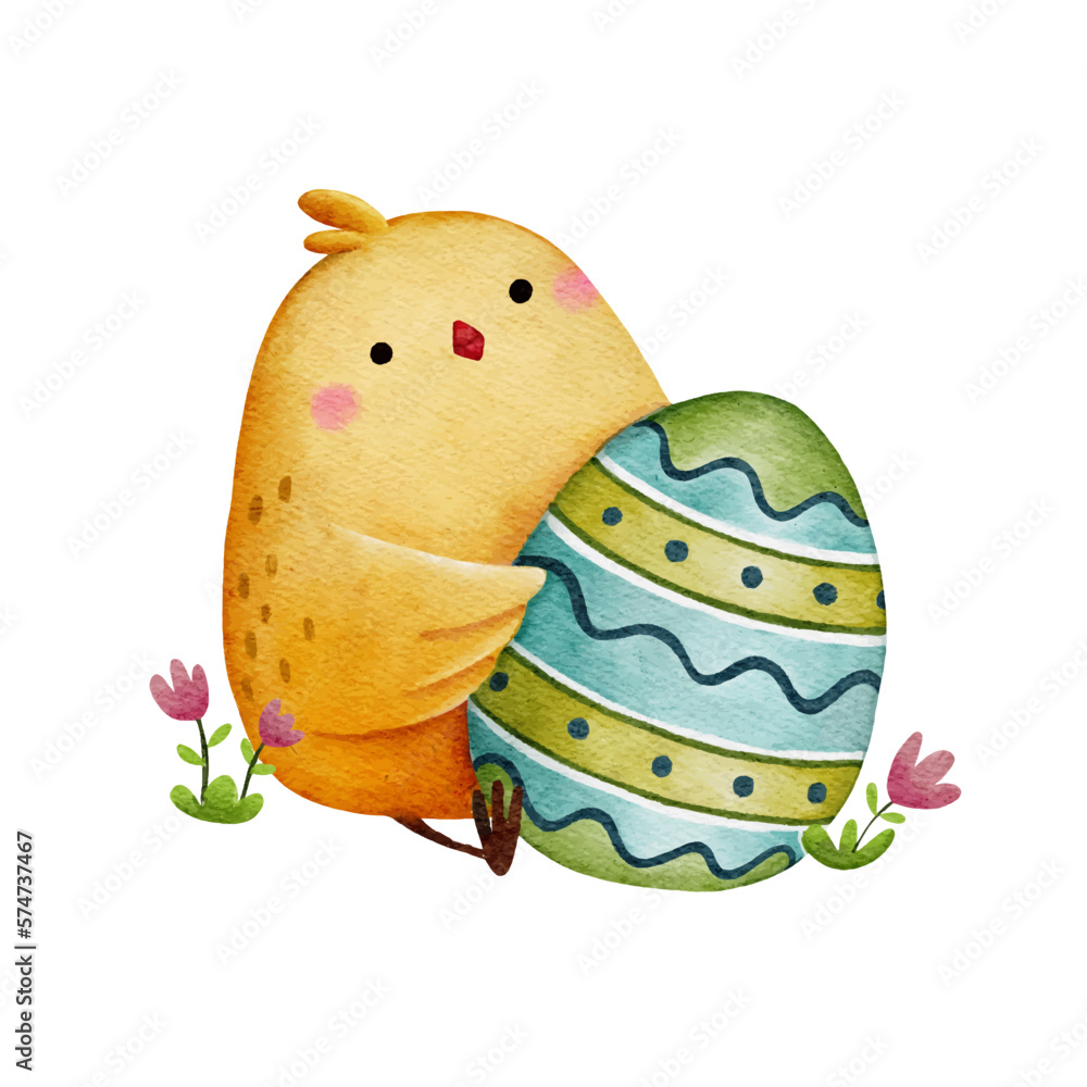 Watercolor little chicken holding Easter egg