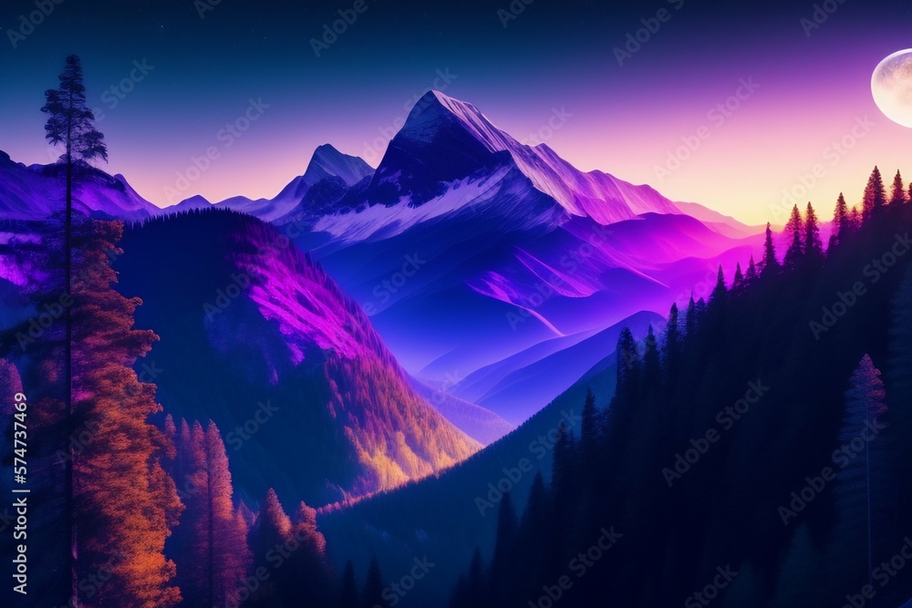 Purple sunrise in mountains nature landscape digital art