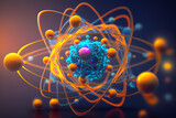 Enlarged model of an atom with a nucleus of protons, neutrons and electrons orbiting around. Generative AI