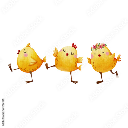 Watercolor happy three Easter chicken on white background
