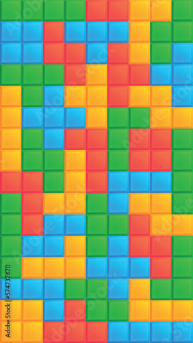 Seamless vector geometric pattern. Multicolored constructor. Vertical background with cubes for mobile phones. Children's Puzzle Tetris Block Slide. ready made for animation template 16:9. Red, yellow