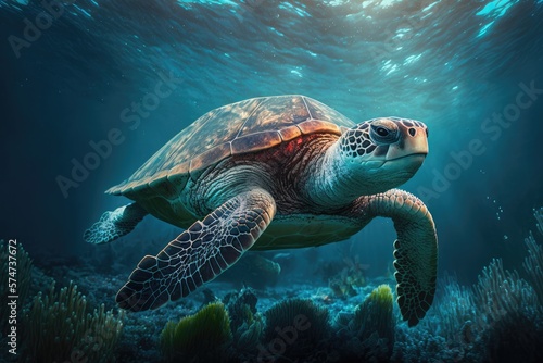 Realistic Underwater Sea Wildlife Nature Aquatic Animal  Turtle Swimming in Ocean  Generative AI