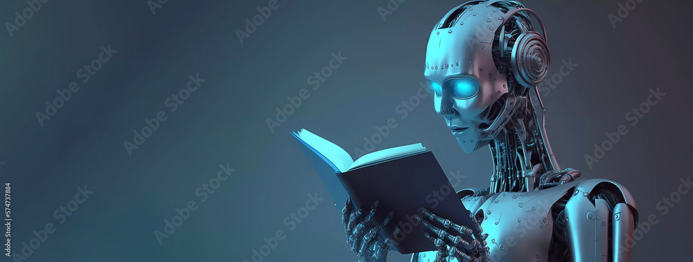 robot reading a book. Robotic cyborg pressing. Banner. Place for text. 3D rendering, blue background. Generative AI - obrazy, fototapety, plakaty 