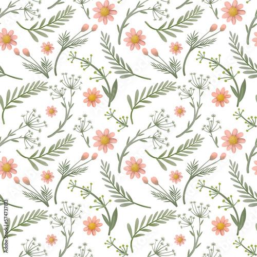Floral seamless pattern with abstract pastel wildflowers, plants and delicate branches on transparent background. Pink spring background.