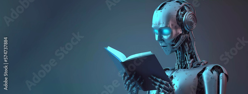 robot reading a book. Robotic cyborg pressing. Banner. Place for text. 3D rendering, blue background. Generative AI photo
