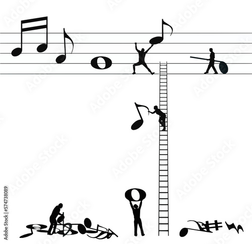 Small silhouetted figures place musical notes on a music staff to follow the theme of writing music. 