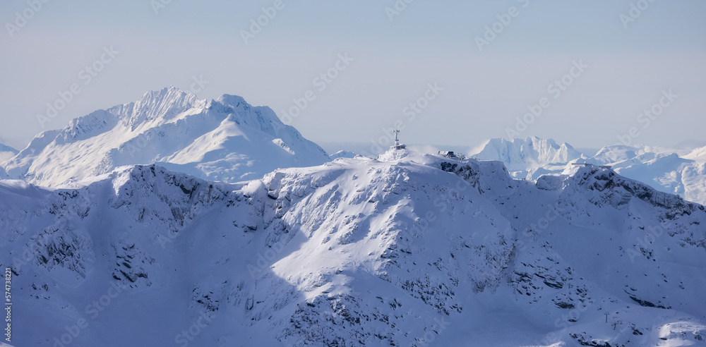 Whistler Peak Ski Resort Viewed from Blackcomb Mountain. Winter Season. Canadian Nature Landscape Background.