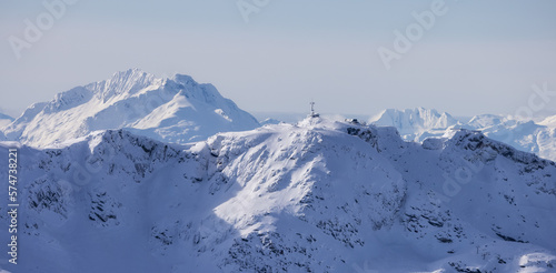 Whistler Peak Ski Resort Viewed from Blackcomb Mountain. Winter Season. Canadian Nature Landscape Background.