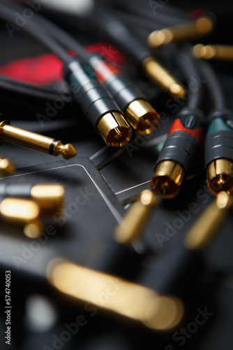 Set of professional audio cables for sound recording studio. Buy hi fi wire connectors for audio equipment in music store