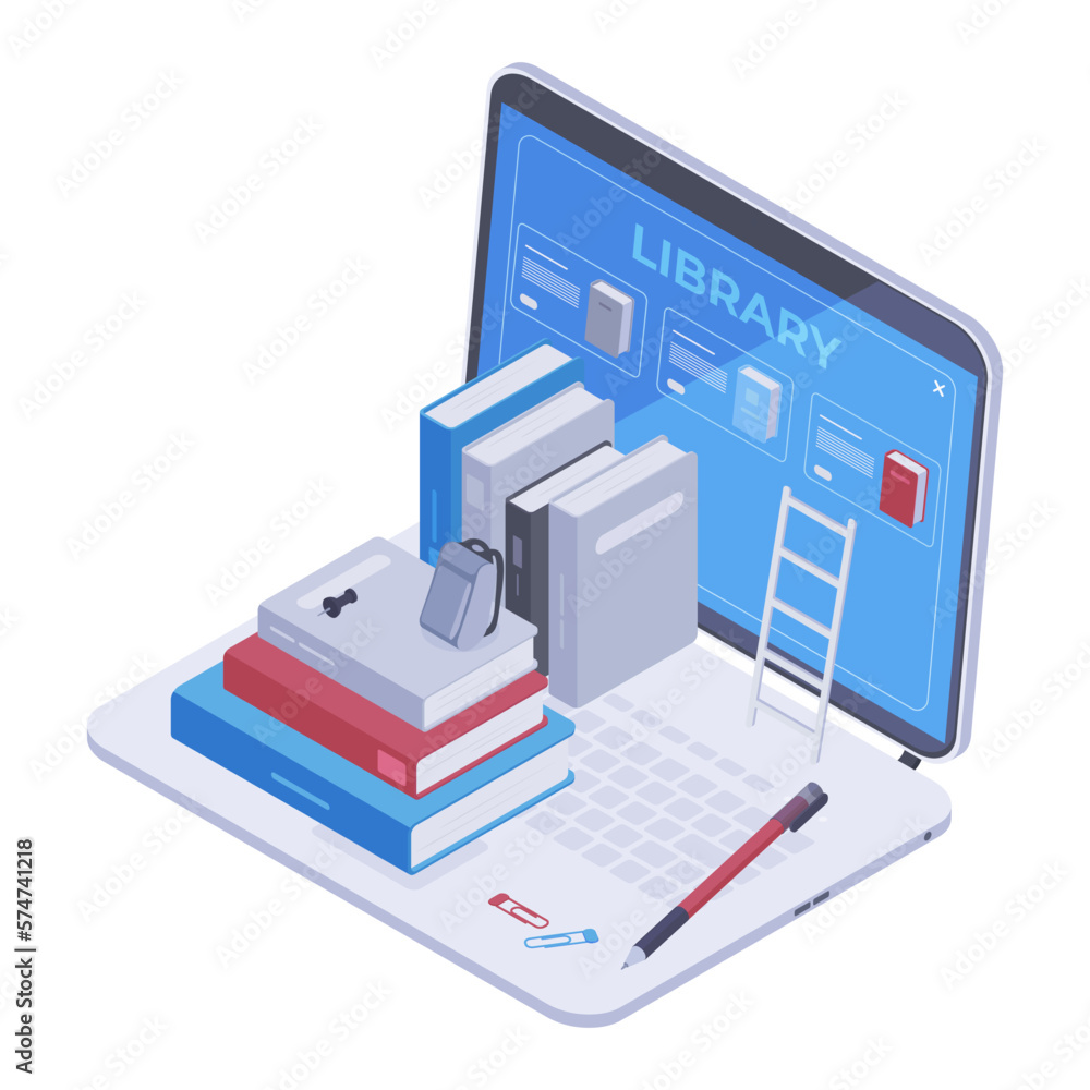 Isometric online library. E-books online bookshelf, mobile education e-learning 3d vector concept illustration Isometric online library. E-books online bookshelf, mobile education e-learning 3d vector concept illustration