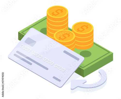 Isometric cash depositing to card. Money stack, cash dollars banknote and gold coins cash depositing into bank account 3d vector illustration isolated on white background