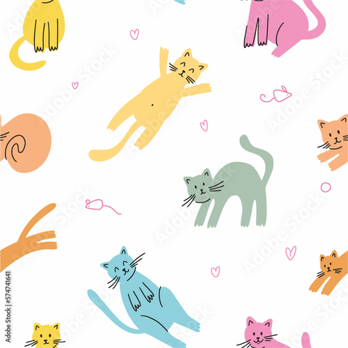 A pattern with cats drawn by hand in the style of a doodle