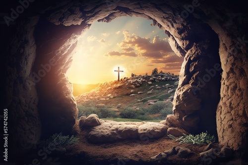 Crucifixion and Resurrection. Empty tomb of Jesus with crosses in the background. Easter or Resurrection concept. He is Risen