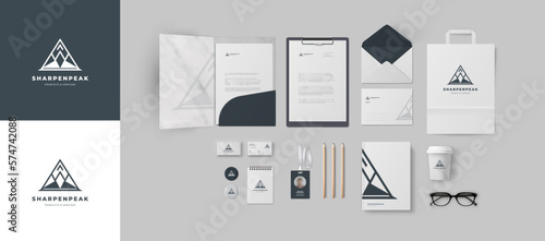 Corporate branding identity design. Triangular geometric mountain logo. Stationery mockup vector template for industrial or technical company. Folder and A4 letter, visiting card and envelope.