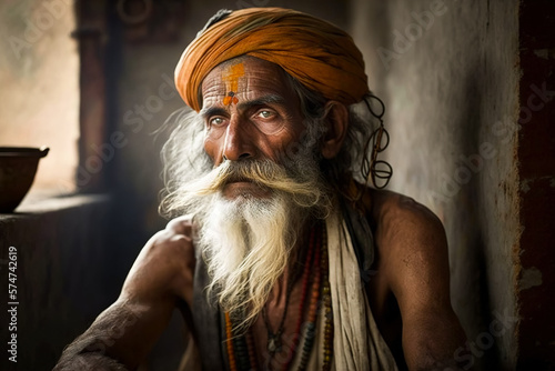 Portrait of a seated old sadhu. Generative ai