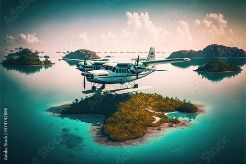Tropical Paradise island with a Plane Fly over it. Generative AI © CREATIVE STOCK