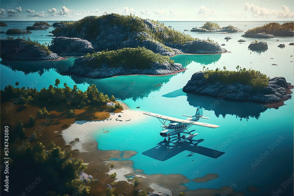 Tropical Paradise island with a Plane Fly over it. Generative AI