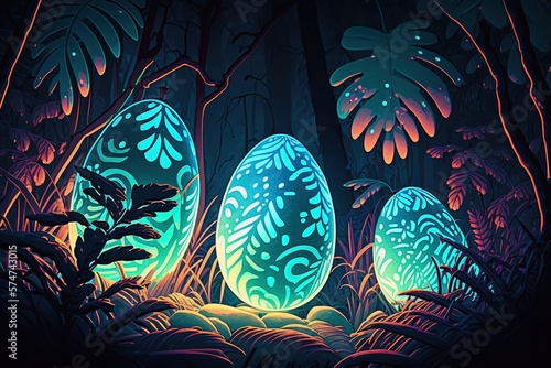 illustration of glow neon eggs in tropics rain forest