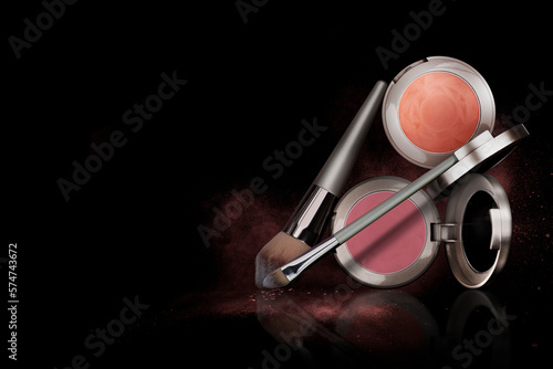 Blush brushes, shimmer blush, bronzer, highlighter powder dust on black background. Pigments for make-up. Noisy texture background for cosmetic makeup concept